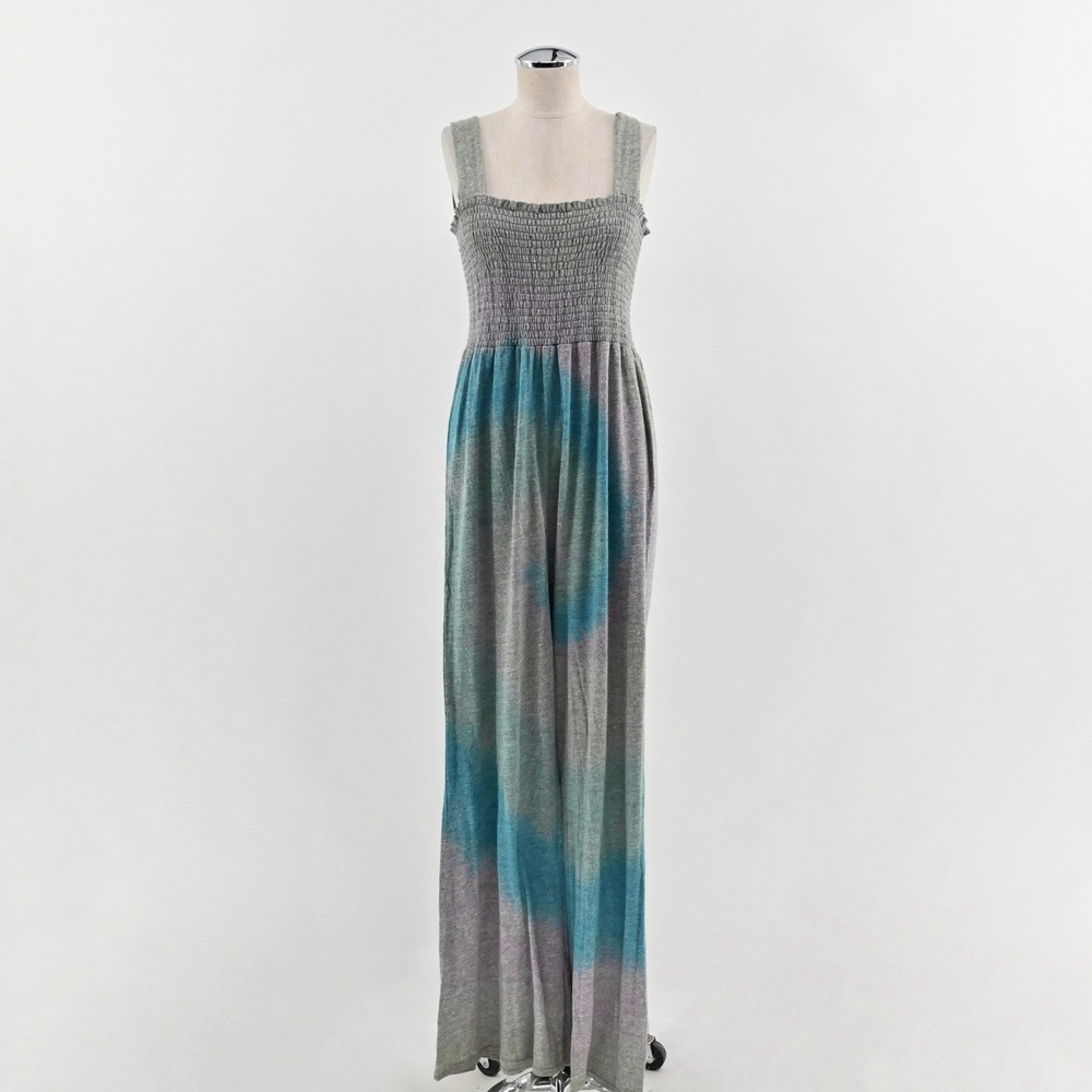 CHASER Womens Smocked Tie Dye Jumpsuit Size L Gray Blue Wide Leg‎ Comfy Hippie